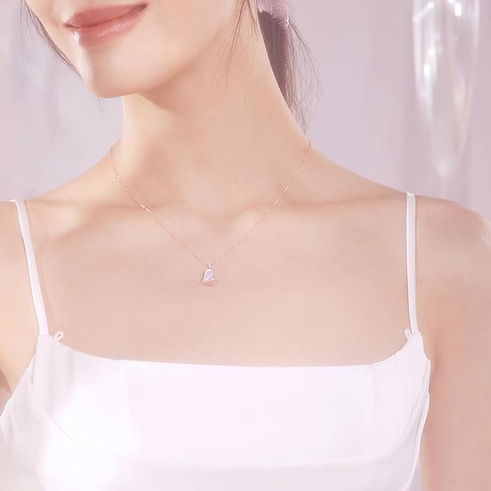 ZHOU LIU FU Heart Necklace 18K/750 Rose Gold Necklace with Diamond White Pink Mother of Pearl Jewelry 40+5CM Adjustable Chain Gifts for Women Girlfriend Wife Best Friends