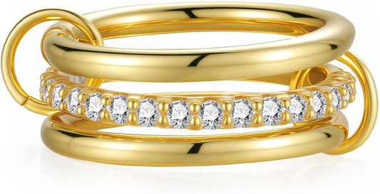 Emibele 14K Gold Plated Stackable Rings for Women, Interlocking Non Tarnish Gold Rings, Silver Dainty Cubic Zirconia Bands, Two-Toned Mixed Metal Stacking Band, Trendy Jewelry Gifts for Women