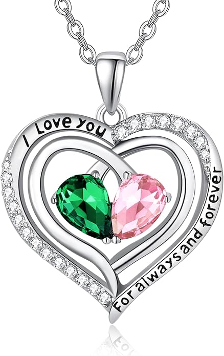 Zeuslia Double Birthstone Necklace Gifts for Wife - 925 Sterling Silver Sunflower/Rose/Crown Cross/Compass/Heart Pendant I Love You Necklace, Anniversary Birthday Gifts for Wife Girlfriend Mom Her