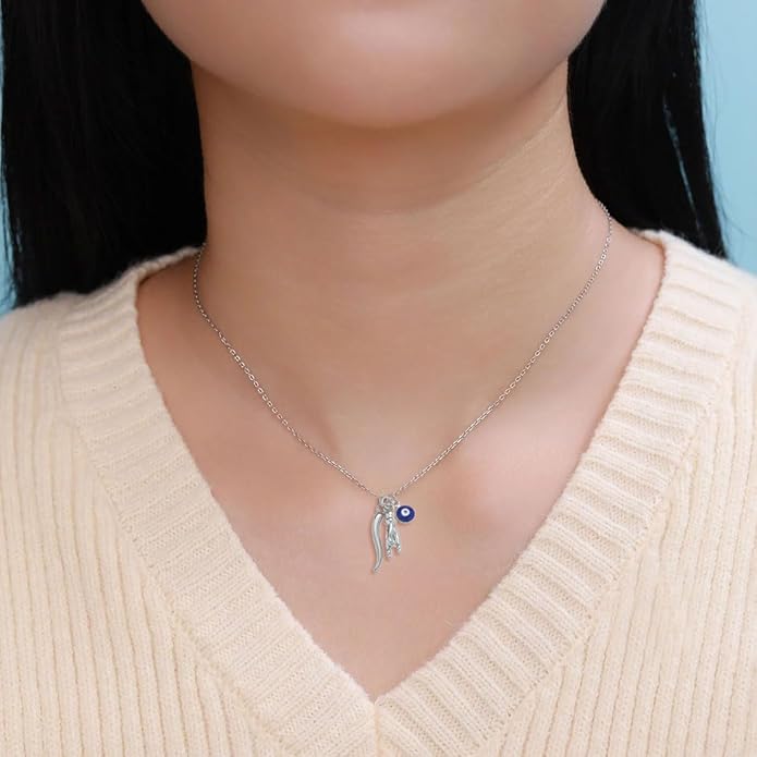 Dainty Blue Evil Eye Charm Horn Pendant Necklace for Women's Spiritual Protection Jewelry 14K Gold Plated