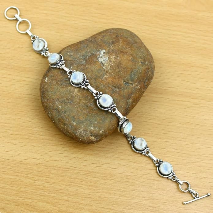 Round Shape Natural & Synthetic Gemstones Silver Plated Bracelets for Women - Vintage Bohemian Style Handmade Birthstone Adjustable Link Bracelet Jewelry Gifts for Wedding Anniversary Mother's Day