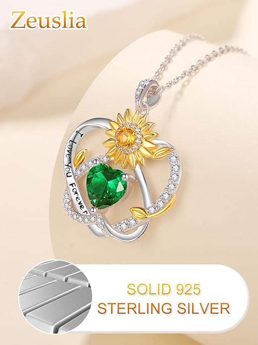 Zeuslia Double Birthstone Necklace Gifts for Wife - 925 Sterling Silver Sunflower/Rose/Crown Cross/Compass/Heart Pendant I Love You Necklace, Anniversary Birthday Gifts for Wife Girlfriend Mom Her