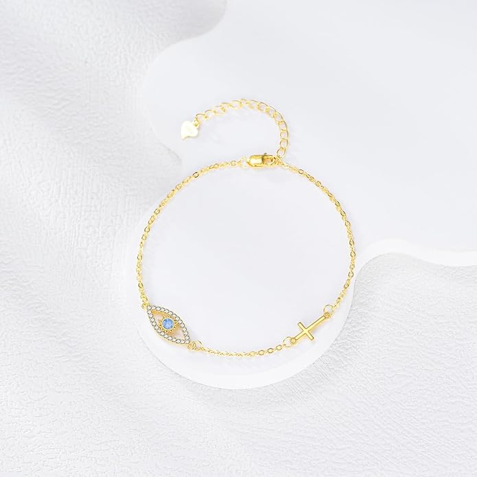 Religion Bracelet S925 Sterling Silver Cross/Evil Eye Bracelet Good Lucky Faith Jewelry Gifts for Women