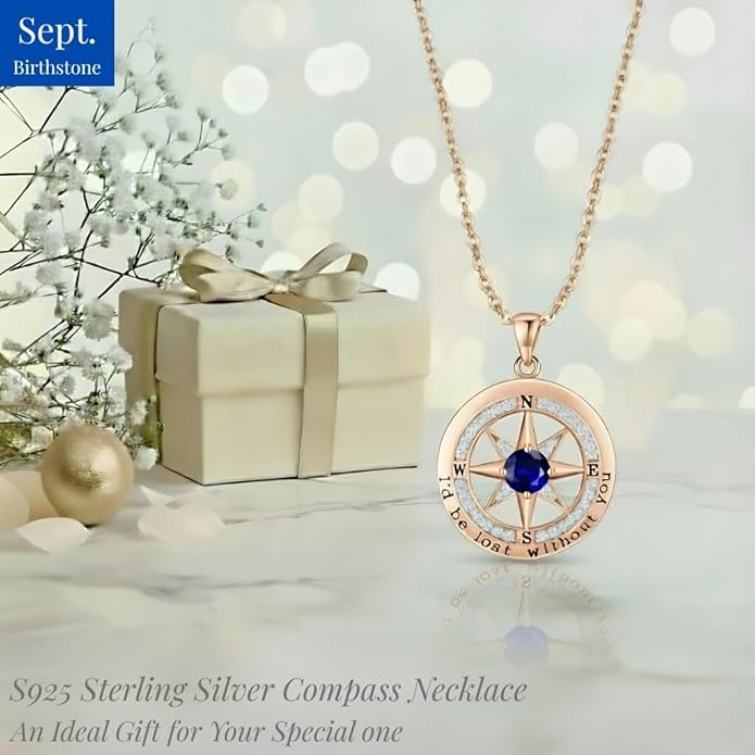Compass Necklace for Women Wife Girlfriend Mom Daughter Gifts S925 Silver Jewelry For Anniversary Rose Gold Gifts For Birthday Christmas Mothers Valentines Day 12 Birthstones