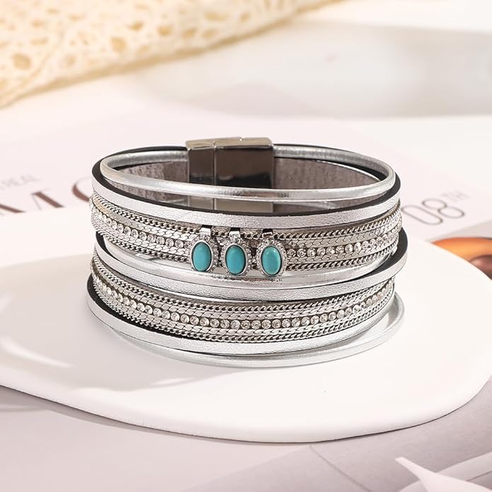 Edoneery Leather Wrap Bracelet for Women, Boho Handmade Multi-Layer Cuff with Crystal Beads Heart, Stackable Bangle Western Jewelry Gift