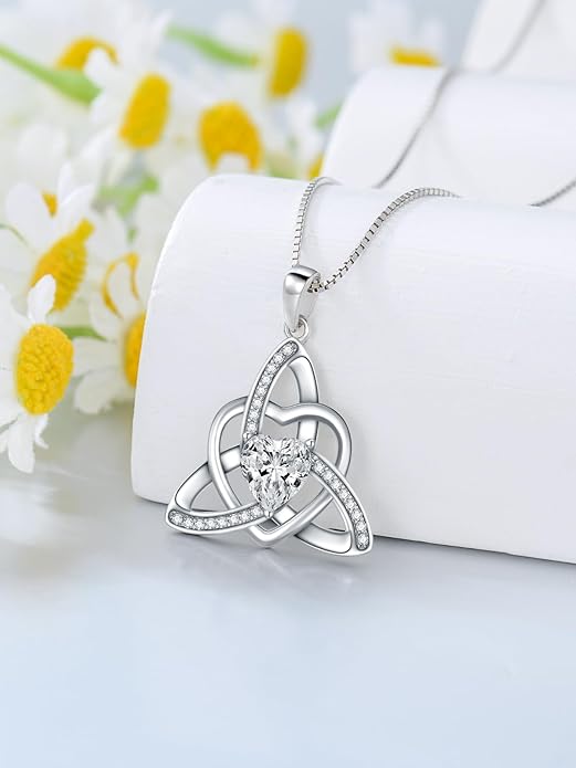 1CT Heart Moissanite Celtic Knot Necklace for Women, 925 Sterling Silver Diamond Trinity Knot Celtic Pendant Necklace Irish Jewelry, Birthday Christmas Valentines Day Gift for Her Wife Mom, 18+2 Inch