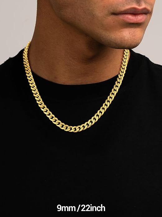 PROSTEEL Miami Cuban Link Chain for Men, 18K Gold/Black/Stainless Steel Necklace,6mm/9mm/12mm Width, Upgrade Clasp & Durable Chain for Mens Womens Jewelry,18"-30",with Gift Box