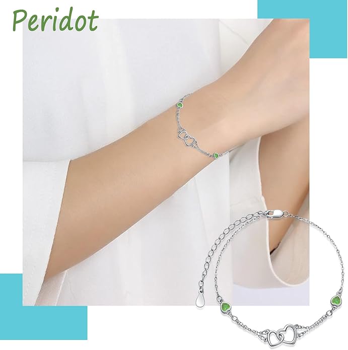 Dorunmo Anklet/Bracelet for Women 925 Sterling Silver Birthstone Jewelry Cubic Zirconia Double Heart Chain Jewelry for Mom Wife Friend Bride Valentine's Day Christmas Birthday Mother's Day