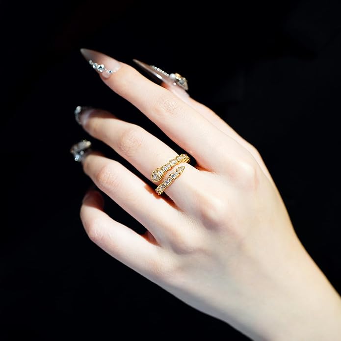 Aura & lrena Adjustable Snake Rings for Wome, 18K Gold or Platinum Plating Open-Ended Ring with AAA Cubic Zirconia Fashion Jewelry, Statement Gift Design Rings for Men and Women Non Tarnish