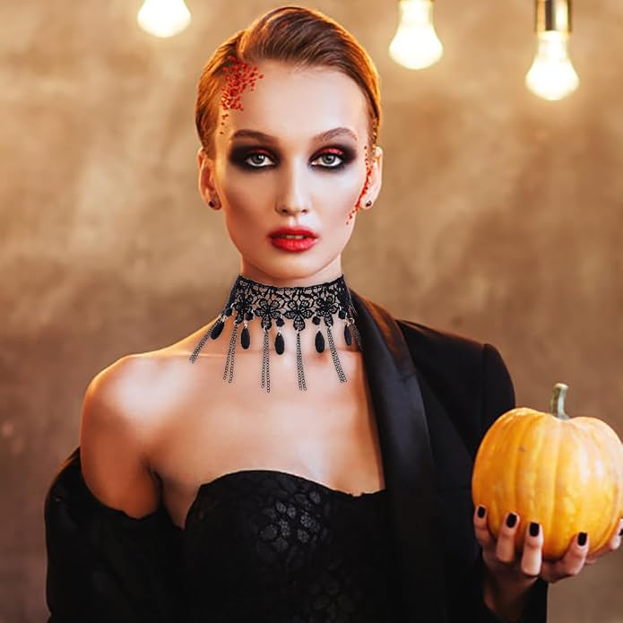 Gothic Black Choker Necklace Lace Collar Necklace Black Crystal Pendant Necklace Halloween Necklaces for Women