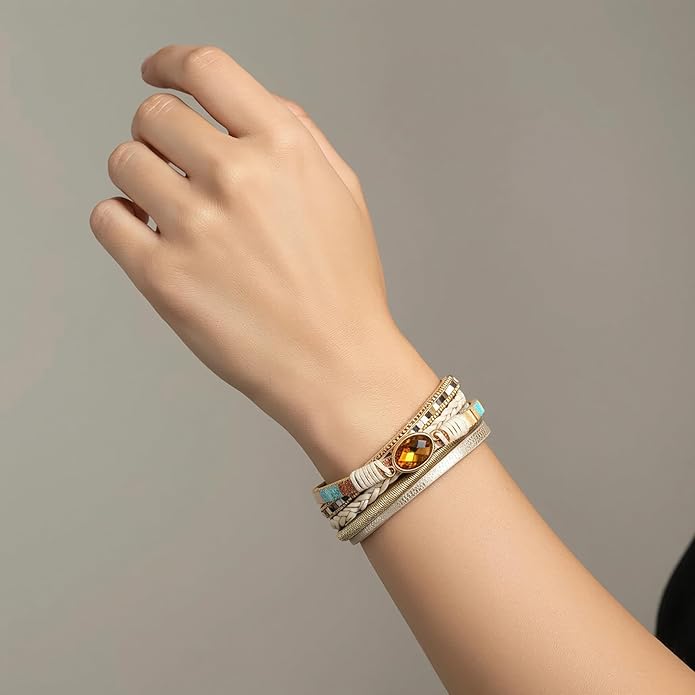 Edoneery Leather Wrap Bracelet for Women, Boho Handmade Multi-Layer Cuff with Crystal Beads Heart, Stackable Bangle Western Jewelry Gift