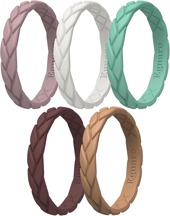 Egnaro Women's Silicone Stackable Rings 3.5mm Wide 2mm Thick, Rubber Flexible Hypoallergenic Wedding Bands For Workout Leaf Braided Fashion