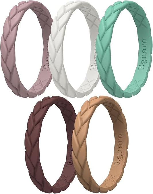Egnaro Women's Silicone Stackable Rings 3.5mm Wide 2mm Thick, Rubber Flexible Hypoallergenic Wedding Bands For Workout Leaf Braided Fashion