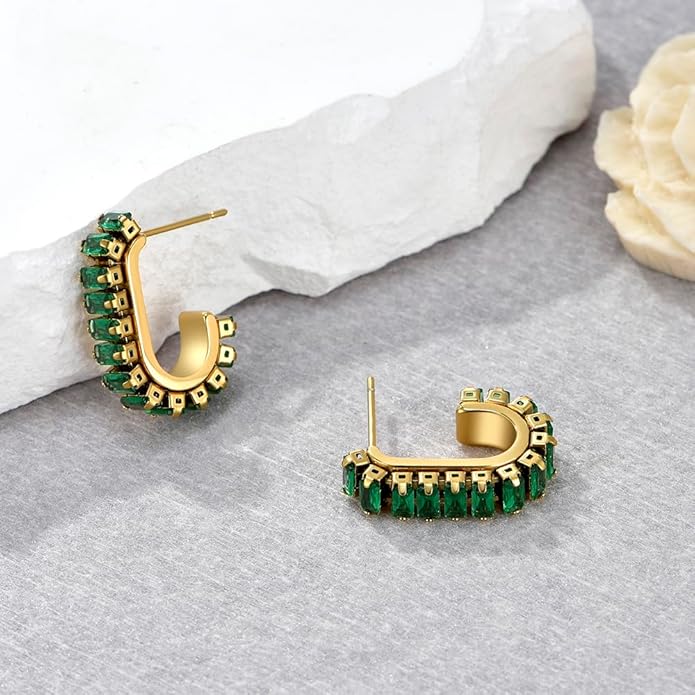 Green Crystal huggie gold hoop earrings for women Girls,14K Gold Plated with 925 Sterling Silver Post color Cubic Zirconia dainty cute Earrings| CZ Stud Earring