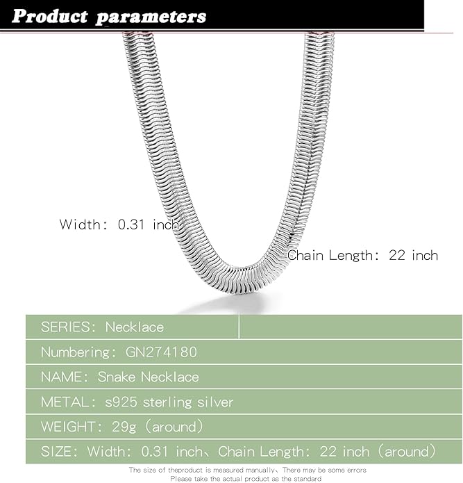 Dankadi Men 925 Sterling Silver Necklace Italian 6MM-8MM Flexible Flat Snake Chain Choker 16-30 Inch 24K Gold plated Fine Jewelry Gifts for Women