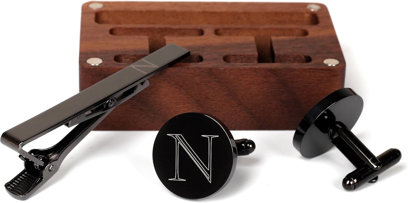 Mens Initial Cufflinks and Tie Clip A-Z Alphabet Letter Black Stainless Cuff Links Tie Bar with Engraved Walnut Wood Box Groom Groomsman Wedding Set