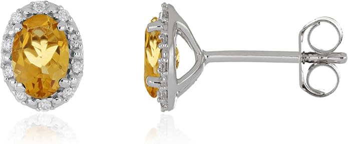 10K White Gold Oval Gemstone and Natural Round Diamonds Stud Earrings for Women - Hypoallergenic Trendy Ladies Earrings for Women - Jewelry Gifts for Wife