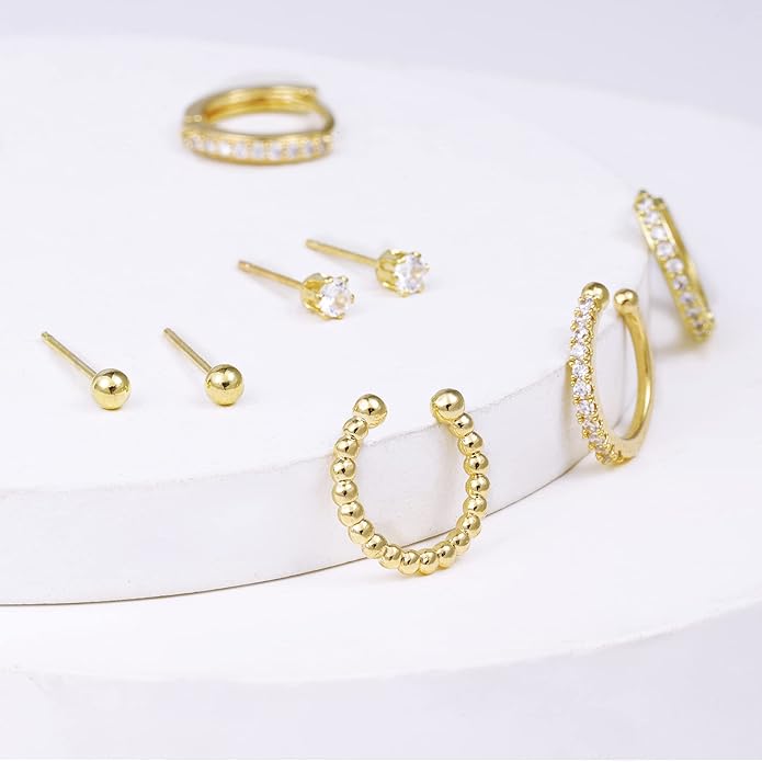 Stud Earrings for Women Hypoallergenic Sterling Silver Post Hoop and Studs Earrings Set for Multiple Piercing Small Ball Cubic Zirconia Earring Studs for Women Trendy Jewelry Gifts（6 Pairs）