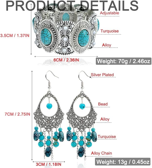 Bohemian Turquoise Necklace Set - Women's Western Jewelry with Long Choker, Pendant, Dangle Earrings, Layered Bracelets