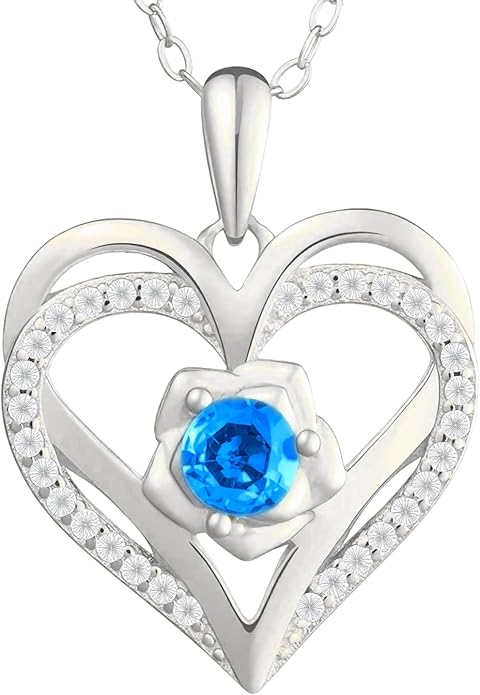 Birthstone Pendant Necklace for Women, Heart Jewelry with Rose Flower Birthday Gift Idea for Wife Girlfriend Mom Friendship on Valentine‘s Day Anniversary Christmas Wedding, 925 Sterling Silver