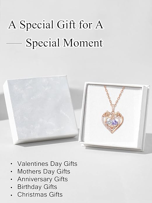 JIYVY32 Rose Heart Necklace for Women Exquisite 925 Sterling Silver Anniversary Birthday Gifts for Wife Mom Her Double Birthstone Pendant Jewelry