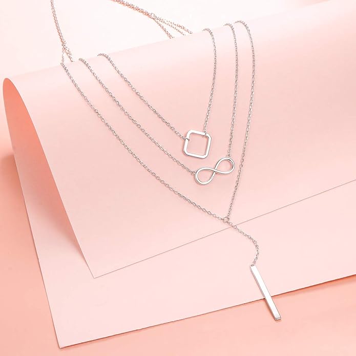 S925 Sterling Silver Layered Necklaces Multi 3 Layer Circle Bar Boho Long Triple Choker Pendant Necklace Jewerly Gift for Women