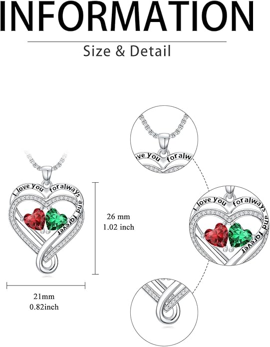 I Love You for Awlays and Forever Double Heart Necklace with Birthstone, 2 Birth Stone Jewelry Anniversary Valentines Mothers Day Christmas Birthday Gifts for Women Her Wife Girlfriend Mom Mother