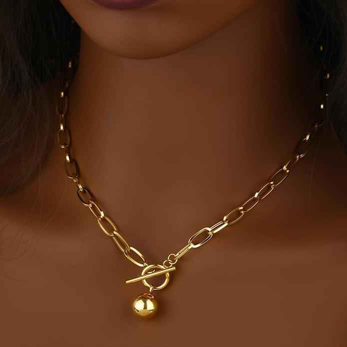 Chunky Gold Necklace for Women, 18K Waterproof Heart Necklace Statement Necklace Gold Charm Necklace Chunky Jewelry Paperclip Chain Choker Gift for Women