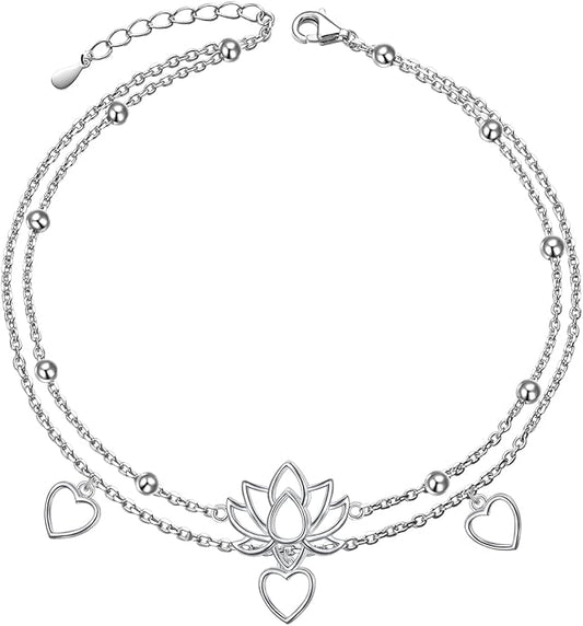 FLYOW Anklet for Women S925 Sterling Silver Adjustable Foot Beaded Heart Charm Ankle Bracelet Anklets Jewelry