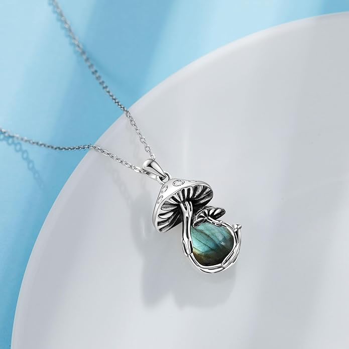 YAFEINI Mushroom Necklace Moonstone/Moss Agate/Malachite/Labradorite/Turquoise/Amber/Larimar/Black Onyx/Lapis Lazuli/Peridot/Opal Sterling Silver Mushroom Pendant Mother's Day Jewelry for Women Mom