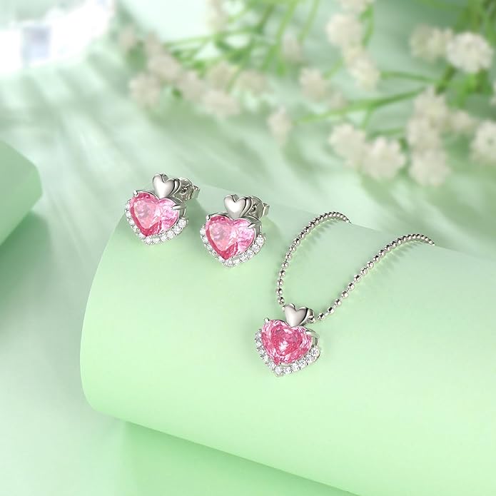 Ydou Love Heart Necklaces and Earrings with Rose Cut Birthstone Silver Plated Elegant Jewelry Set for Women CS0002