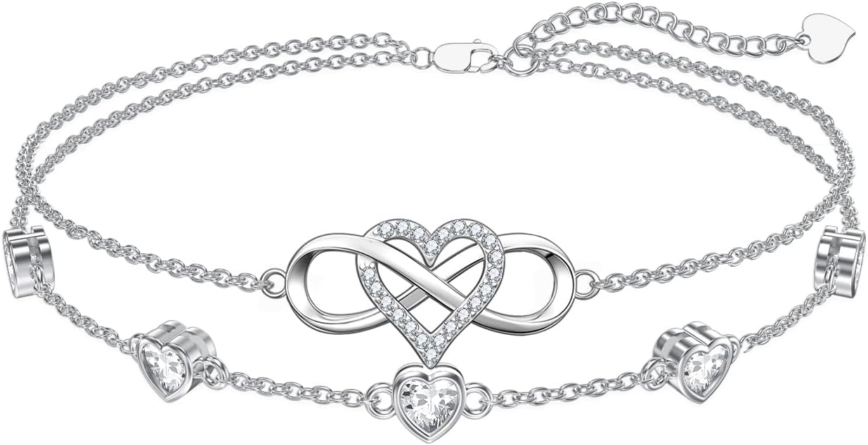 Dorunmo 925 Sterling Silver Infinity Heart Birthstone Anklet Bracelets for Women Best Mother's Day Birthday Jewelry for Wife Girlfriend Mom Her