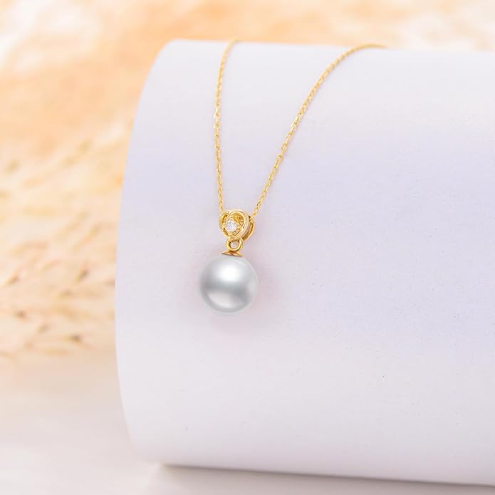 NFYBD 14K Gold Pearl Necklace for Women,9MM Freshwater Cultured White Pearl Heart Pendant Necklaces for Her Wife Mom Gifts for Anniversary Birthday Mothers Day 16+1+1