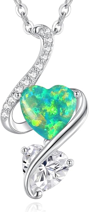 LOUISA SECRET 925 Sterling Silver Opal Birthstone Necklace, Unique Tiny Double Heart Pendant Jewelry, Engraved with "S925 I Love You" Best Birthday Gift for Women Wife Girlfriend Mom Her, Christmas Day Valentine's Day Anniversary Mother's Day