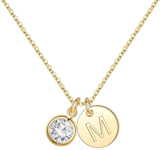 Hidepoo Initial Birthstone Necklace for Girl Women - 14K Gold Plated Disc Letter Necklace Personalized Gifts Jewelry Birthstone Initial Necklaces Birthday Gift for Female Teens Mom