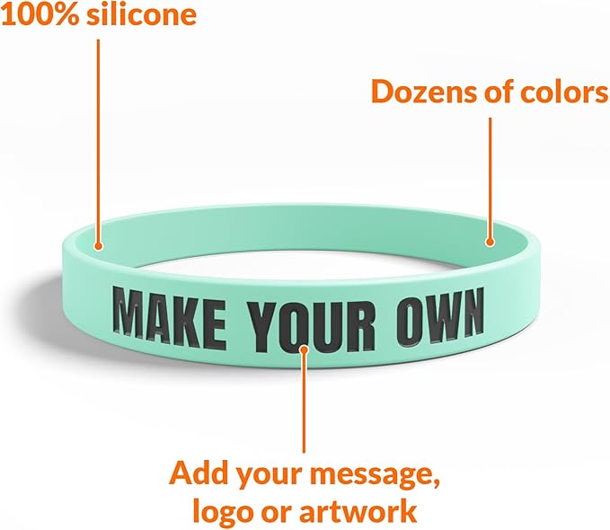 Custom Wristbands For Events, Fundraisers & Promotions | Add Text, Icons, & Logos | Bulk Rubber Bracelets | Classic 1/2” | 100% Silicone