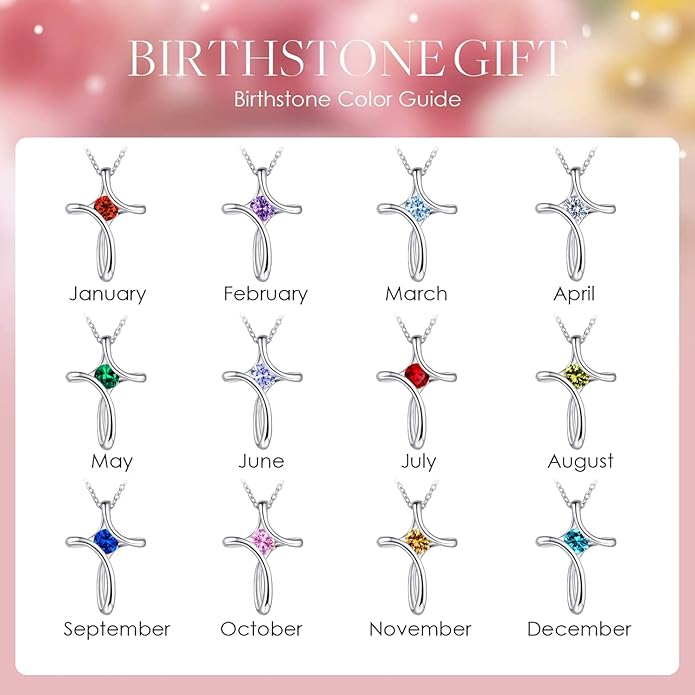 NINAMAID Cross Necklace for Women, 925 Sterling Silver Birthstone Necklace for Women with Diamond Sideways Cross Necklaces Birthstone Jewelry Birthday Gifts for Womens