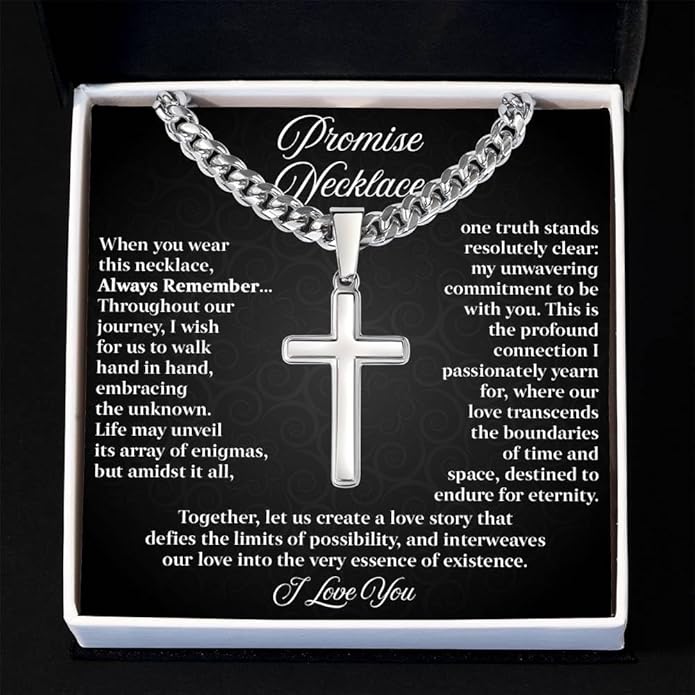 GLAVICY Promise Cross on Cuban Necklace For Him, Sentimental Gift for Husband, Boyfriend, Man with Message Card and Box, Promise Jewelry on Birthday, Valentine Day