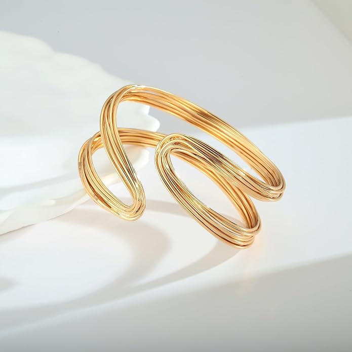 Gold Cuff Bracelet for Women Chunky Multi-layer Cross Wire Open Bracelet Hollow Wide Cuff Bracelets Adjustable Gold Open Cuff Bangle Bracelet