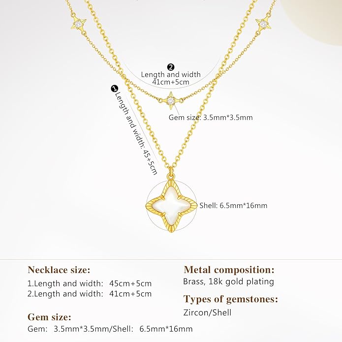Cicy Bell Womens Four Point Star Necklace Sets Double Layer Chain 18k Gold Plated Cubic Zirconia Mother of Pearl Lucky Pendant Necklace