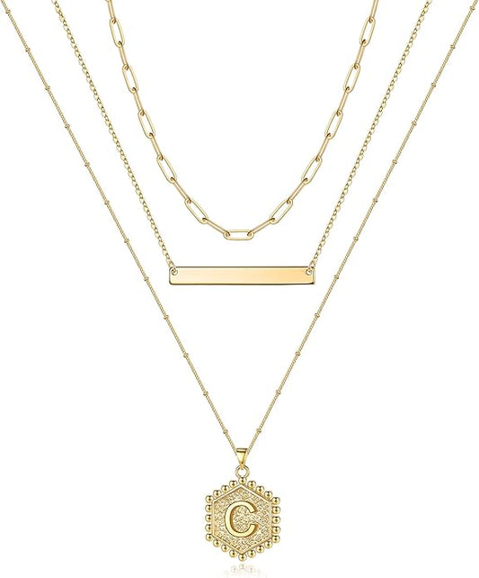 Turandoss Gold Layered Initial Necklaces for Women, 14K Gold Plated Bar Necklace Handmade Layering Hexagon Letter Pendant Beads Chain Necklace Layered Necklaces for Women Gold Jewelry Gifts