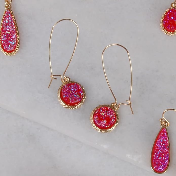 Simulated Druzy Threader Drop Earrings for Women - Gold, Silver, or Rose Gold Tone Trendy Boho Dangles with Sparkly Round Stone