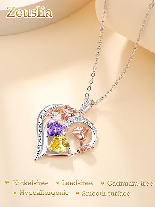 Zeuslia Double Birthstone Necklace Gifts for Wife - 925 Sterling Silver Sunflower/Rose/Crown Cross/Compass/Heart Pendant I Love You Necklace, Anniversary Birthday Gifts for Wife Girlfriend Mom Her