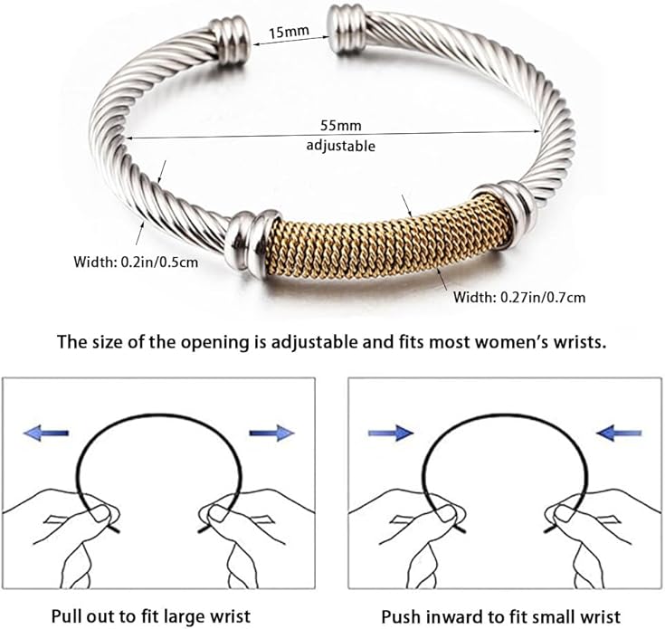 Twisted Cable Bangle Bracelet for Women Gold Plated Lightweight Adjustable Open Cuff Vintage Chunky Jewelry Gift for Her Mom Sister Birthday Christmas