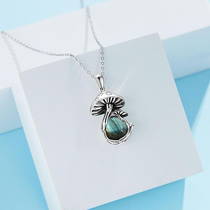 YAFEINI Mushroom Necklace Moonstone/Moss Agate/Malachite/Labradorite/Turquoise/Amber/Larimar/Black Onyx/Lapis Lazuli/Peridot/Opal Sterling Silver Mushroom Pendant Mother's Day Jewelry for Women Mom