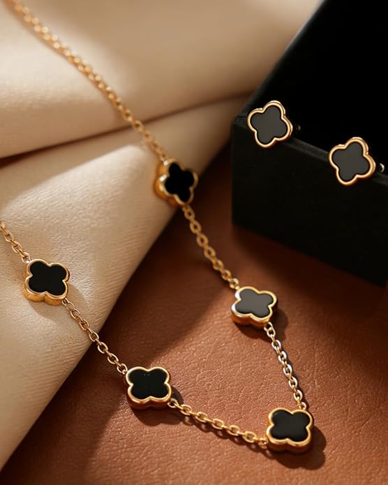 Aimétte Monette 18K Gold Plated Jewelry Set Clover Necklace Stud Earrings for Women Hypoallergenic Lucky Clover Pendant Necklace Gold Bracelets for Women Gifts