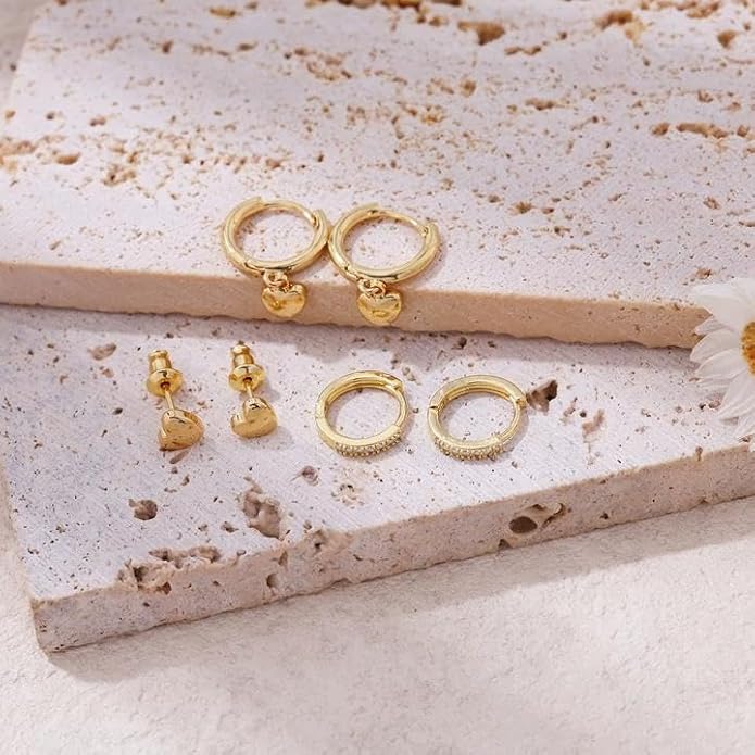 Gold Plated Earrings for Women, 14k Gold Plated Earring Stack Hypoallergenic Pearl Drop Earring Dainty Earrings for Women Trendy Cute Small Huggie Hoop Earring Fashion Womens Jewelry