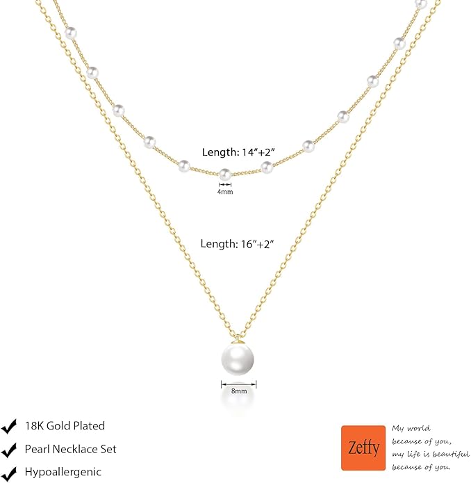 Zeffy Gold Pearl Necklace for Women, Dainty 14K Gold/Silve Plated Layered Pearl Choker Pearl Earrings Pearl Bracelets Wedding Trendy Gold Jewelry Set for Women Gifts