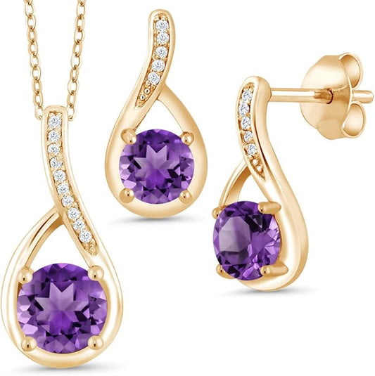 Gem Stone King 18K Yellow Gold Plated Silver Round Gemstone Birthstone and Diamond Pendant Earrings Jewelry Set For Women | Round 6MM and 5MM | With 18 Inch Chain