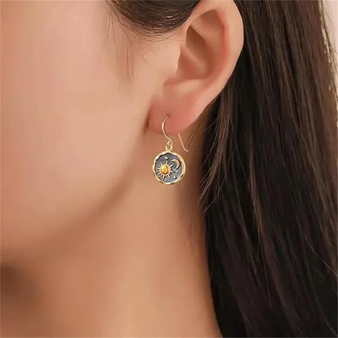 MALOYANVE Vintage Sun and Moon Drop Dangle Earrings for Women Unique lightweight Handmade Retro Boho Antiqued Gold Silver Round Coin Earrings for Women Jewelry